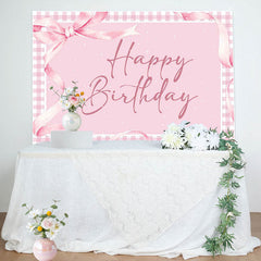 Pink Gift Bow Tie Plaid Backdrop For Birthday Party