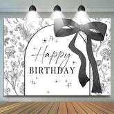 Black White Bow Tie Floral Happy Birthday Backdrop