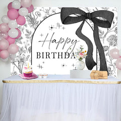 Black White Bow Tie Floral Happy Birthday Backdrop