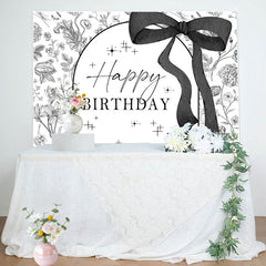 Black White Bow Tie Floral Happy Birthday Backdrop