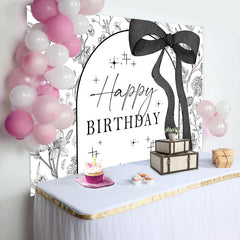 Black White Bow Tie Floral Happy Birthday Backdrop
