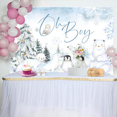 Snow Forest Safari Animal Oh Boy Baby Shower Backdrop