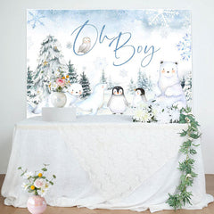 Snow Forest Safari Animal Oh Boy Baby Shower Backdrop