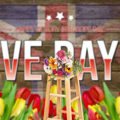 Lofaris Uk Flag Red Yellow Floral Wood Happy VE Day Backdrop