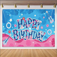 Lofaris, Toile de fond joyeux anniversaire tropicale avec palmiers et fleurs, ukulélés et bouées, décoration de fête d'été
