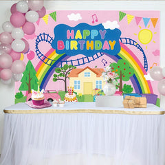 Lofaris Rosa Regenbogen Zug Auto Kuchen Ballons Partyhintergrund, für Kindergeburtstag und Fotostudio-Requisiten