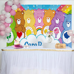 Lofaris Colorful Cartoon Bear Birthday Backdrop with Rainbow and Stars, Friendly Animal Party Background for Kids Photoshoot.