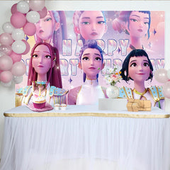 Lofaris Sparkling Animated Pop Idol Girls Cartoon Birthday Backdrop, Vibrant Celebration Background for Girls Party Decor and Photoshoots