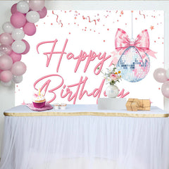 Lofaris Pink Happy Birthday Disco Ball Backdrop with Confetti and Stars, Sparkling Party Background for Girls Celebration