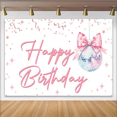 Lofaris Pink Happy Birthday Disco Ball Backdrop with Confetti and Stars, Sparkling Party Background for Girls Celebration
