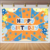 Lofaris Colorful Paw Print Happy Birthday Backdrop with Balloons, Vibrant Party Background for Pet Themed Photoshoot