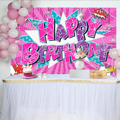 Lofaris Pink and Purple Comic Book Birthday Backdrop with Spider Webs, Pop Art Style Party Background for Girls Photoshoot
