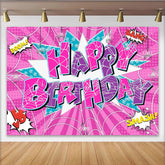 Lofaris Pink and Purple Comic Book Birthday Backdrop with Spider Webs, Pop Art Style Party Background for Girls Photoshoot