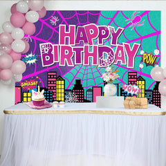Lofaris Vibrant Comic Book Superhero Birthday Backdrop, Cityscape and Spider Web Party Background for Kids