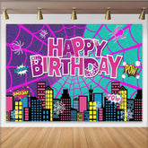 Lofaris Vibrant Comic Book Superhero Birthday Backdrop, Cityscape and Spider Web Party Background for Kids