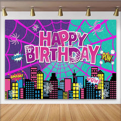 Lofaris Vibrant Comic Book Superhero Birthday Backdrop, Cityscape and Spider Web Party Background for Kids