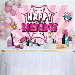 Lofaris Pink Comic Book Birthday Backdrop with Spider Web and City Skyline, Pop Art Party Background for Girls Photoshoot and Decoration