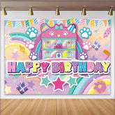 Lofaris Pastel Cat Dollhouse Birthday Backdrop with Paw Prints and Rainbow, Sweet Happy Birthday Party Background for Girls Photoshoot.