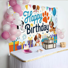 Lofaris Cute Cartoon Dog Happy Birthday Backdrop with Balloons and Cake, Adorable Puppy Party Decor for Kids Photoshoot Celebration