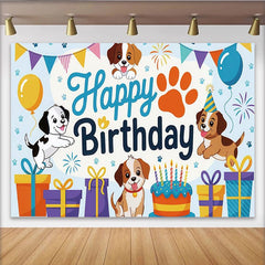 Lofaris Cute Cartoon Dog Happy Birthday Backdrop with Balloons and Cake, Adorable Puppy Party Decor for Kids Photoshoot Celebration