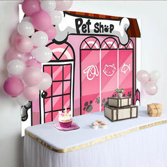 Lofaris Pink Pet Shop Cartoon Birthday Backdrop with Dog and Cat, Adorable Animal Theme Party Decor for Children's Photoshoot