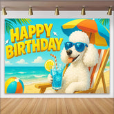Lofaris Happy Birthday Cartoon Poodle Backdrop with Blue Sunglasses and Beach Scene, Vibrant Summer Party Background for Kids Photoshoot