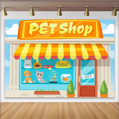 Lofaris Cartoon Pet Shop Photography Backdrop with Cute Animals and Bright Awning, Fun Studio Background for Kids Party Photoshoot
