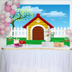 Lofaris Vibrant Cartoon Dog House Photography Backdrop, Green Grass and Blue Sky Background for Pet Photoshoot