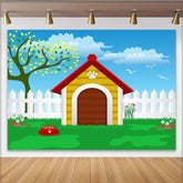 Lofaris Vibrant Cartoon Dog House Photography Backdrop, Green Grass and Blue Sky Background for Pet Photoshoot