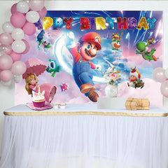 Lofaris Vibrant Cartoon Birthday Backdrop with Plumber Brothers and Princess, Fun Video Game Theme Background for Kids Party Decoration.