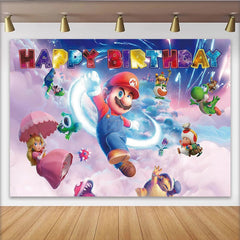 Lofaris Vibrant Cartoon Birthday Backdrop with Plumber Brothers and Princess, Fun Video Game Theme Background for Kids Party Decoration.