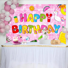 Lofaris Pink Pool Party Birthday Backdrop with Colorful Letters and Floats, Vibrant Tropical Photo Background for Kids Party Decor