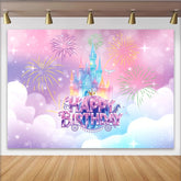 Lofaris Pastel Princess Castle Birthday Backdrop with Fireworks and Sparkles, Magical Party Decor for Girls Photoshoot