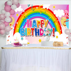 Lofaris Vibrant Rainbow Happy Birthday Backdrop with Balloons and Stars, Cheerful Party Decor for Kids Photoshoot and Celebration