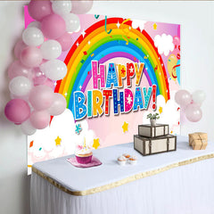 Lofaris Vibrant Rainbow Happy Birthday Backdrop with Balloons and Stars, Cheerful Party Decor for Kids Photoshoot and Celebration