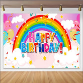 Lofaris Vibrant Rainbow Happy Birthday Backdrop with Balloons and Stars, Cheerful Party Decor for Kids Photoshoot and Celebration