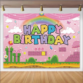 Lofaris Pink Cartoon Birthday Backdrop with Rainbow and Game Elements, Colorful Party Background for Kids Celebration