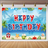 Lofaris Tropical Beach Birthday Backdrop with Palm Trees and Hibiscus Flowers, Summer Party Background for Photoshoot Decor