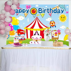 Lofaris Vibrant Cartoon Birthday Backdrop with Circus Tent and Airplanes, Colorful Party Decor for Kids Photoshoot