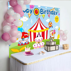 Lofaris Vibrant Cartoon Birthday Backdrop with Circus Tent and Airplanes, Colorful Party Decor for Kids Photoshoot