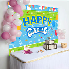 Lofaris Blue Dog Birthday Backdrop with Paw Prints and Bones, Colorful Balloons Party Banner Decoration for Pet Celebration