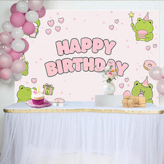 Lofaris Cute Pink Frog Cartoon Birthday Backdrop with Hearts, Stars, Donuts, and Gift Boxes, Party Decor for Girls Photoshoot