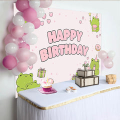 Lofaris Cute Pink Frog Cartoon Birthday Backdrop with Hearts, Stars, Donuts, and Gift Boxes, Party Decor for Girls Photoshoot