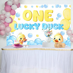 Lofaris Cute Yellow Duck 1st Birthday Backdrop with Blue Balloons, Adorable Lucky Duck Theme Background for Baby Boy Photoshoot