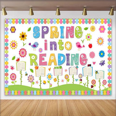 Lofaris Colorful Spring Reading Photography Backdrop with Flowers Birds, Whimsical Educational Background for Classroom Decor