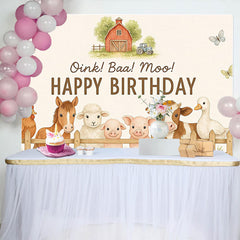 Lofaris Cute Farm Animal Birthday Backdrop with Oink Baa Moo, Rustic Barnyard Photo Background for Kids Party Decoration
