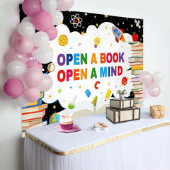 Lofaris Vibrant Open a Book Open a Mind Back to School Backdrop with Colorful Books and Space Elements, Educational Party Decor for Kids