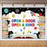 Lofaris Vibrant Open a Book Open a Mind Back to School Backdrop with Colorful Books and Space Elements, Educational Party Decor for Kids
