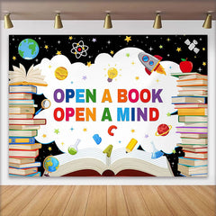 Lofaris Vibrant Open a Book Open a Mind Back to School Backdrop with Colorful Books and Space Elements, Educational Party Decor for Kids