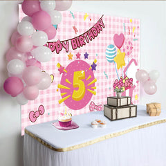 Lofaris Pink Cartoon 5th Birthday Backdrop with Bows and Balloons, Festive Party Background for Girls Photoshoot and Decoration